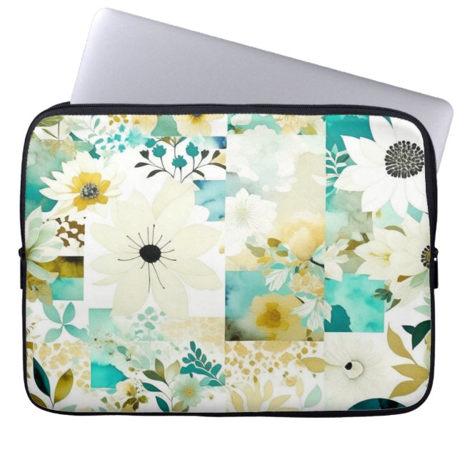 Folk Art White en Turquoise Flowers Laptop Sleeve (Voorkant)