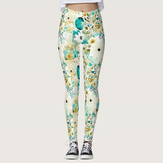  Folk Art White en Turquoise Flowers Leggings (Voorkant)