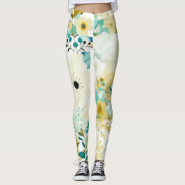 Folk Art White en Turquoise Flowers Leggings