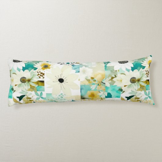  Folk Art White en Turquoise Flowers Lichaamskussen (Achterkant)