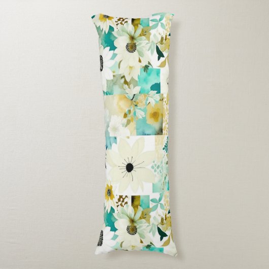  Folk Art White en Turquoise Flowers Lichaamskussen (Voorkant Verticaal)