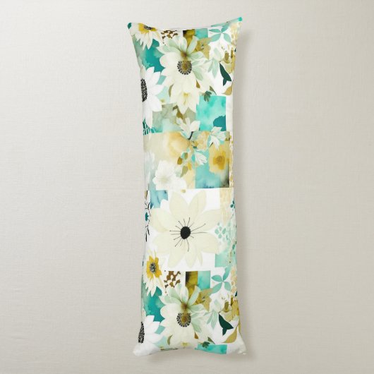  Folk Art White en Turquoise Flowers Lichaamskussen (Achterkant (Verticaal))