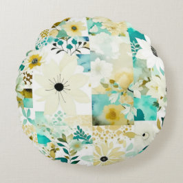Folk Art White en Turquoise Flowers Rond Kussen