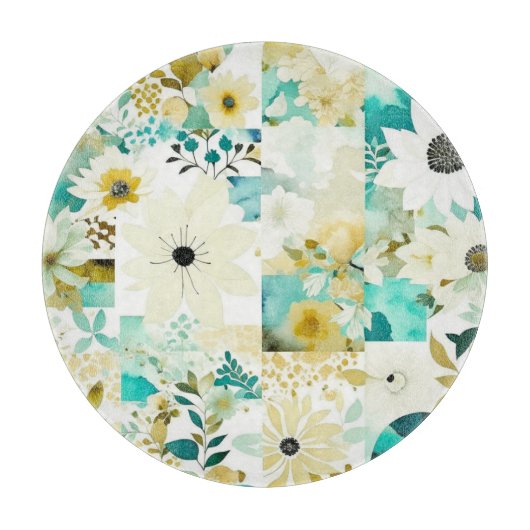  Folk Art White en Turquoise Flowers Snijplank (Voorkant)