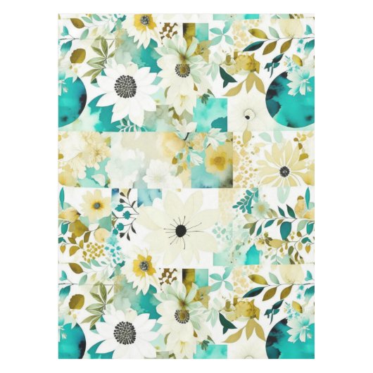  Folk Art White en Turquoise Flowers Tafelkleed (Voorkant)