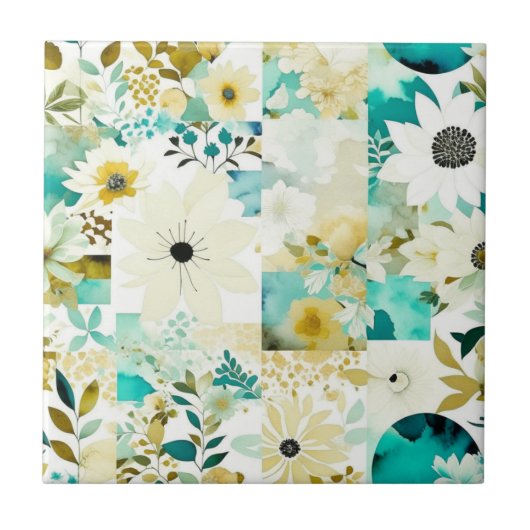  Folk Art White en Turquoise Flowers Tegeltje (Voorkant)