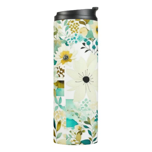 Folk Art White en Turquoise Flowers Thermosbeker (Gedraaid links)