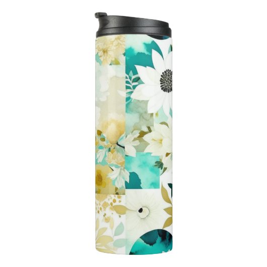  Folk Art White en Turquoise Flowers Thermosbeker (Geroteerd rechts)