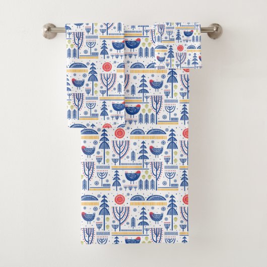 Folk Art Winter Bird Pattern Bad Handdoek (Insitu)