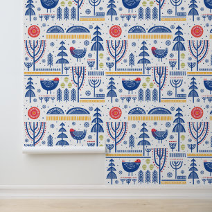Folk Art Winter Bird Pattern Behang