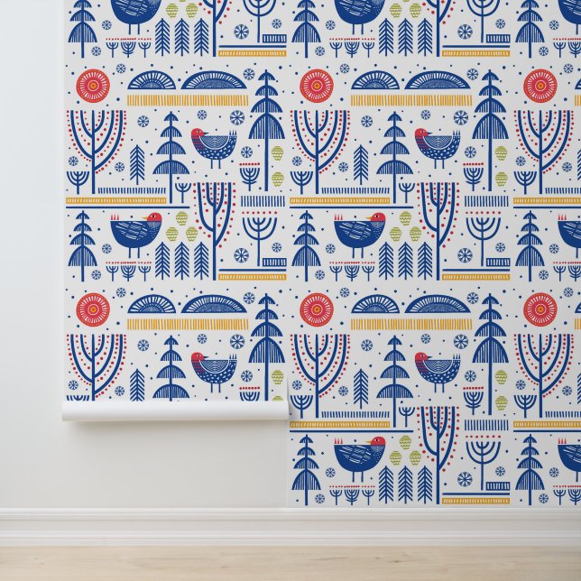 Folk Art Winter Bird Pattern Behang (Applicatie)