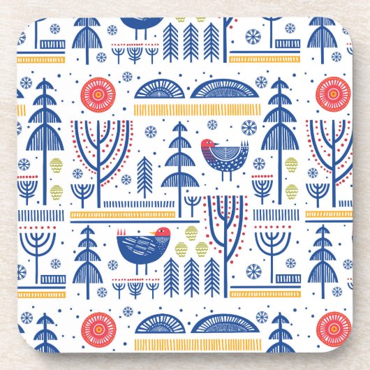 Folk Art Winter Bird Pattern Bier Onderzetter (Voorkant)