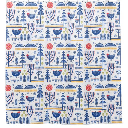 Folk Art Winter Bird Pattern Douchegordijn (Voorkant)