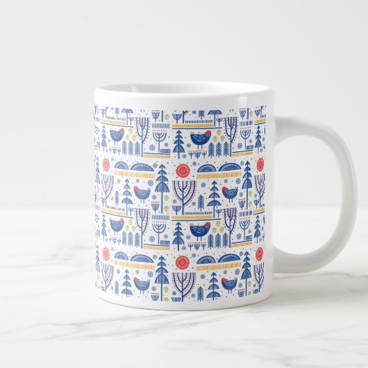 Folk Art Winter Bird Pattern Grote Koffiekop (Rechts)