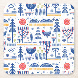 Folk Art Winter Bird Pattern Kartonnen Onderzetters