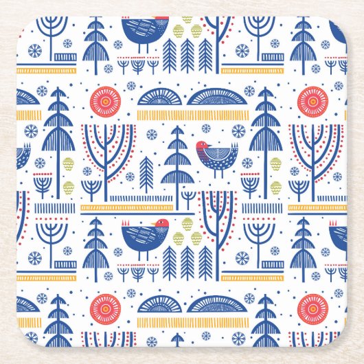 Folk Art Winter Bird Pattern Kartonnen Onderzetters (Voorkant)