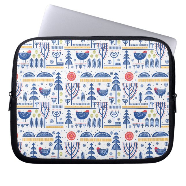 Folk Art Winter Bird Pattern Laptop Sleeve (Voorkant)