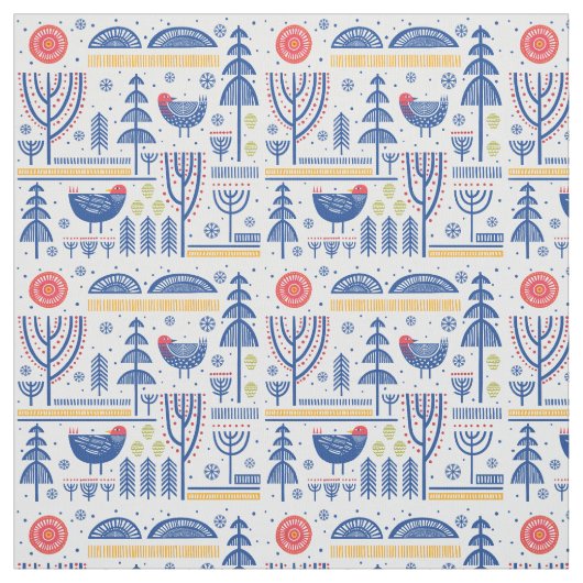 Folk Art Winter Bird Pattern Stof (Swatch)