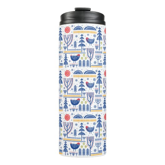 Folk Art Winter Bird Pattern Thermosbeker (Voorkant)