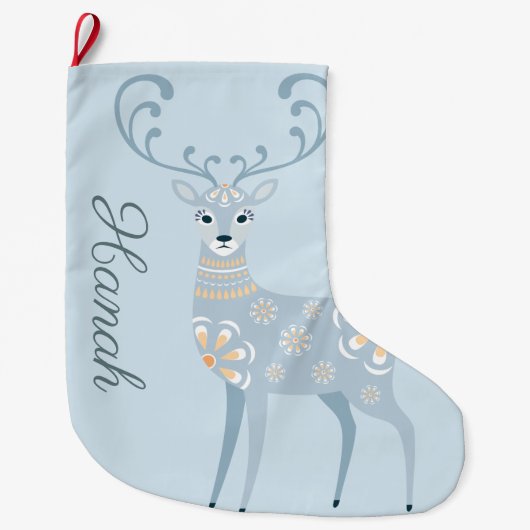 Folk Art Winter Deer Persoonlijk Grote Kerstsok (Voorkant)