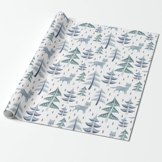 Folk Art Winter Fox & Trees Cadeaupapier (Uitgerold)
