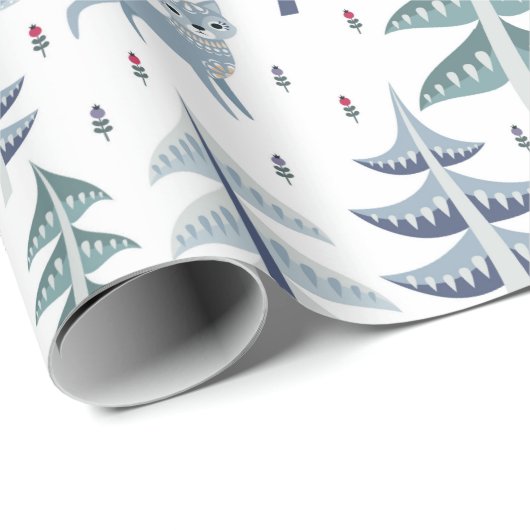 Folk Art Winter Fox & Trees Cadeaupapier (Rol Hoek)