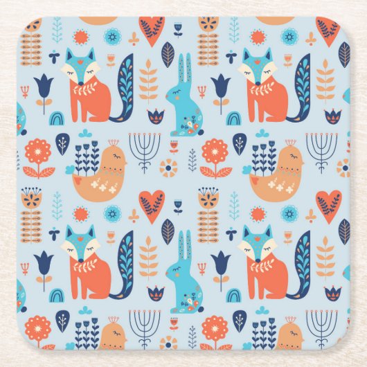 Folk Art Woodland Animal Pattern Kartonnen Onderzetters (Voorkant)