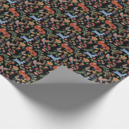 Folk Art Woodland Animals, Floral Black Fox Rabbit Cadeaupapier