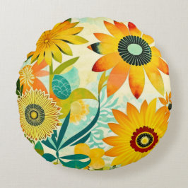  Folk Art Yellow Flowers Rond Kussen