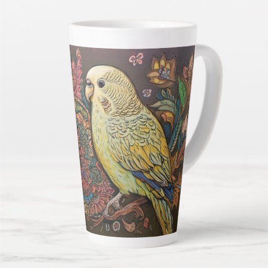 Folk Art Yellow Parkiet met Paisley en bloemen Latte Mok (Rechterhoek)