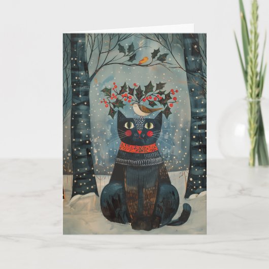 Folk Art Zwarte Kat Briefkaart - Schrijfpapier (Voorkant)