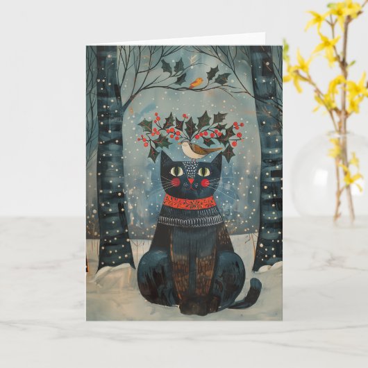 Folk Art Zwarte Kat Briefkaart - Schrijfpapier (Gele Bloem)