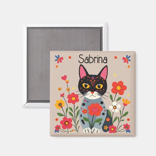 Folk Art Zwarte kat en bloemen gepersonaliseerd Magneet (Voorkant / Achterkant)