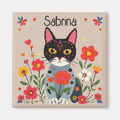 Folk Art Zwarte kat en bloemen gepersonaliseerd Magneet (Voorkant)