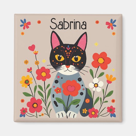 Folk Art Zwarte kat en bloemen gepersonaliseerd Magneet (Voorkant)