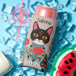 Folk Art Zwarte kat en bloemen gepersonaliseerd Seltzer Blikjeskoeler