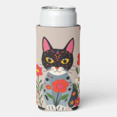 Folk Art Zwarte kat en bloemen gepersonaliseerd Seltzer Blikjeskoeler (Seltzer Achterkant)