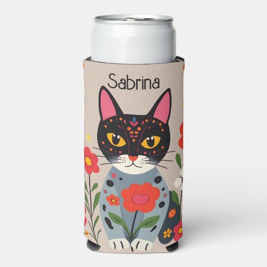 Folk Art Zwarte kat en bloemen gepersonaliseerd Seltzer Blikjeskoeler (Seltzer Voorkant)