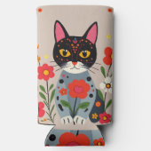 Folk Art Zwarte kat en bloemen gepersonaliseerd Seltzer Blikjeskoeler (Achterkant)