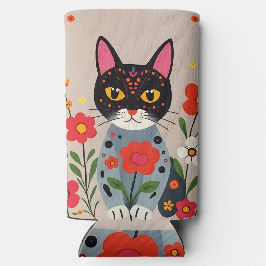 Folk Art Zwarte kat en bloemen gepersonaliseerd Seltzer Blikjeskoeler (Achterkant)