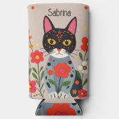 Folk Art Zwarte kat en bloemen gepersonaliseerd Seltzer Blikjeskoeler (Voorkant)