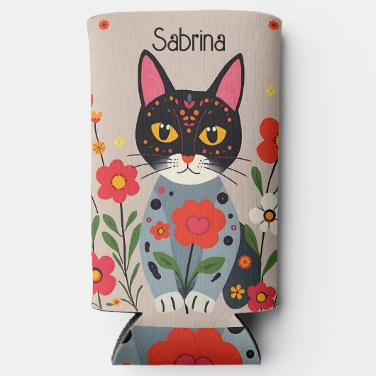 Folk Art Zwarte kat en bloemen gepersonaliseerd Seltzer Blikjeskoeler (Voorkant)