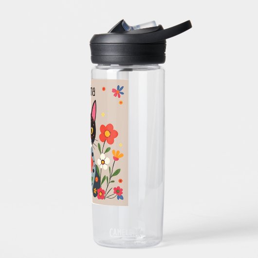 Folk Art Zwarte kat en bloemen gepersonaliseerd Waterfles (Links)