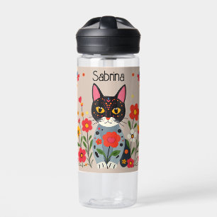 Folk Art Zwarte kat en bloemen gepersonaliseerd Waterfles