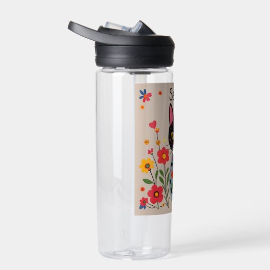 Folk Art Zwarte kat en bloemen gepersonaliseerd Waterfles (Rechts)