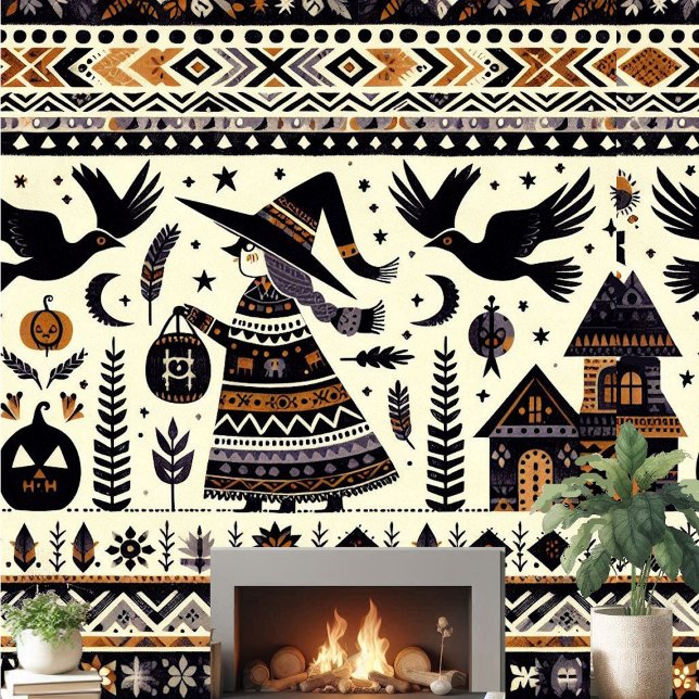 Folk Art Zwarte Vogels Pompoenen Heks Haunted Hous Behang (Folk Art Black Birds Pumpkins Witch Haunted House Wallpaper )
