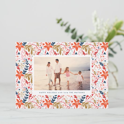 Folk bewerkbare Kerstmis Bloemen Botanische Foto Feestdagenkaart (Staand voorkant)