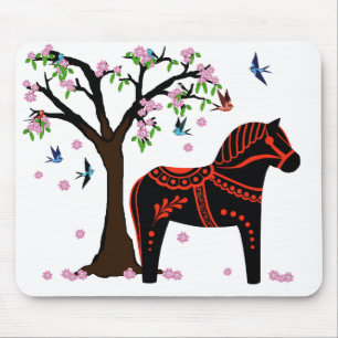 Folk black/red Dala paard, Folk Bird/flower Muismat