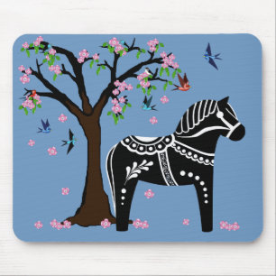Folk black/white Dala horse, Folk Bird/flower Muismat