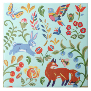 Folk Blauwgroen blauw dierenbos Floral Fox Rabbit Tegeltje